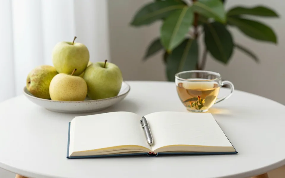 Açık bir defter, kalem, elma ve bitki çayıyla hazırlanmış sade bir planlama masası