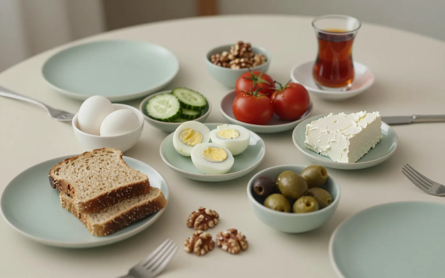 Yumurta, tam tahıllı ekmek, domates, salatalık, zeytin, peynir ve ceviz içeren dengeli kahvaltı sofrası