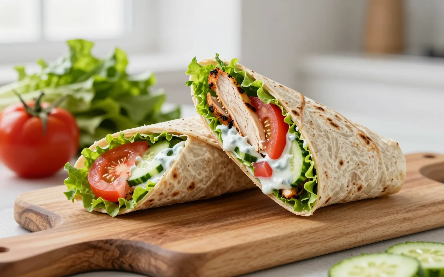 Ortadan kesilmiş tam buğday lavaş wrap; içinde ızgara tavuk, marul, domates ve salatalık görünüyor