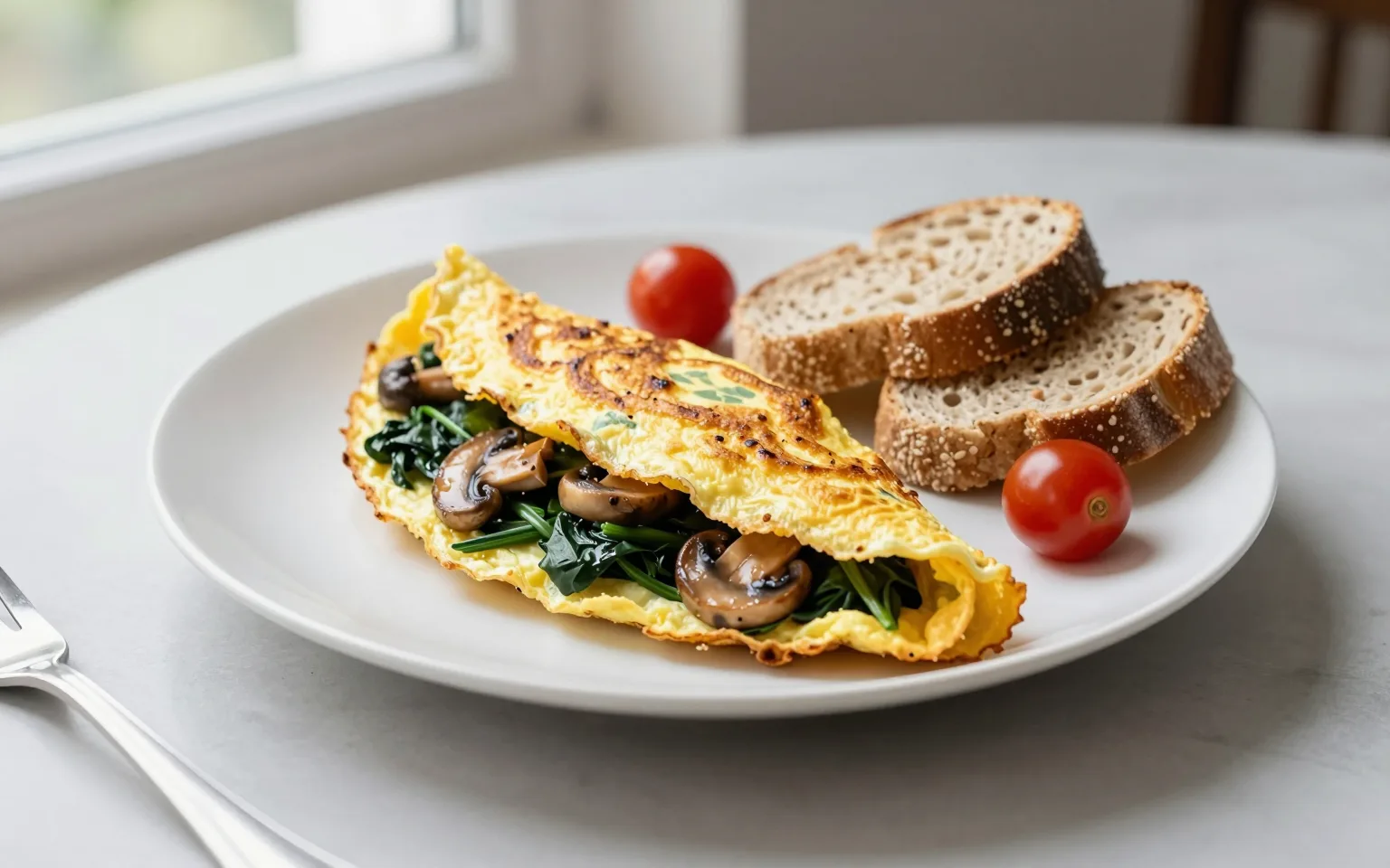 Ispanak ve mantarlı katlanmış omlet, yanında domates ve tam tahıllı ekmek dilimleri