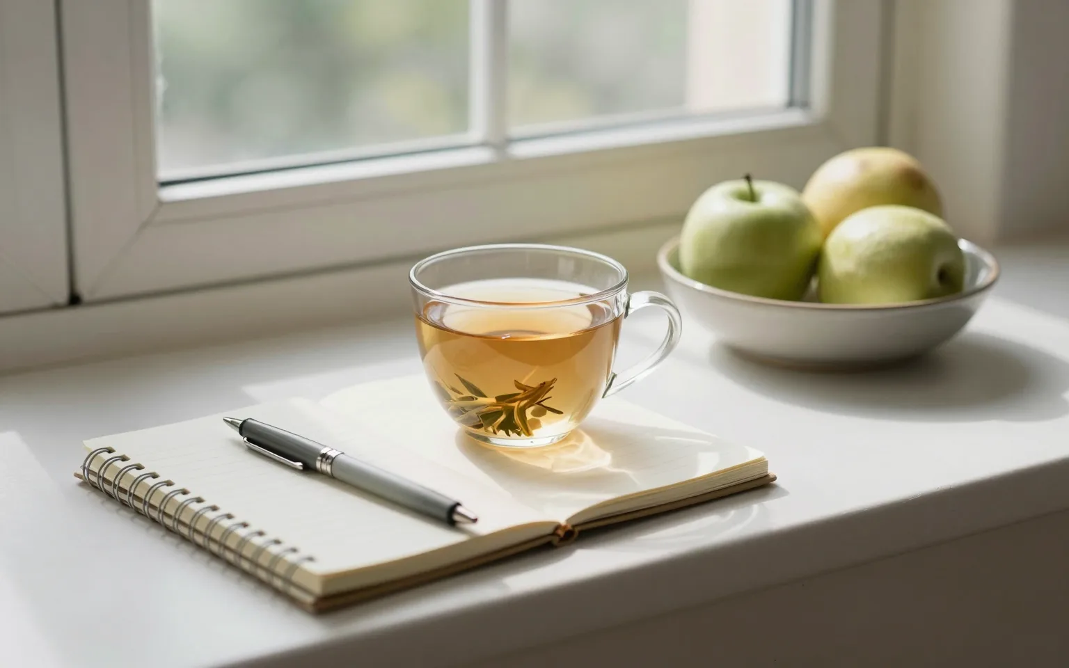 Pencere kenarında bir fincan bitki çayı, küçük bir defter, kalem ve meyve kasesi içeren sakin bir ortam