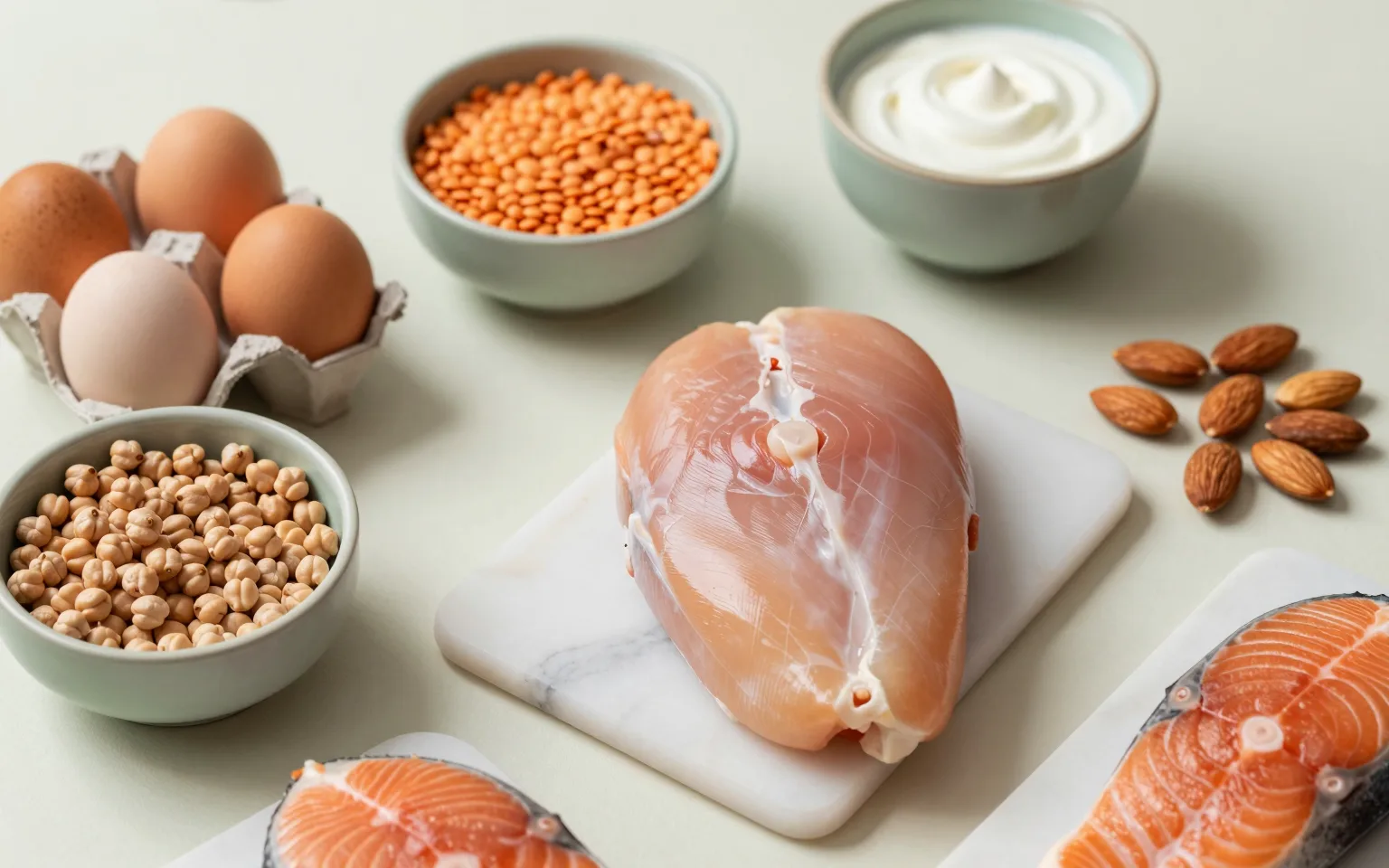 Yumurta, mercimek, nohut, tavuk, yoğurt, badem ve somon gibi protein kaynaklarının düz yüzeyde dizilmiş hali