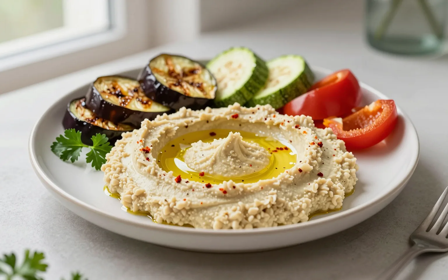 Ortada zeytinyağlı humus, çevresinde közlenmiş patlıcan, kabak ve kırmızı biber dilimleri bulunan tabak