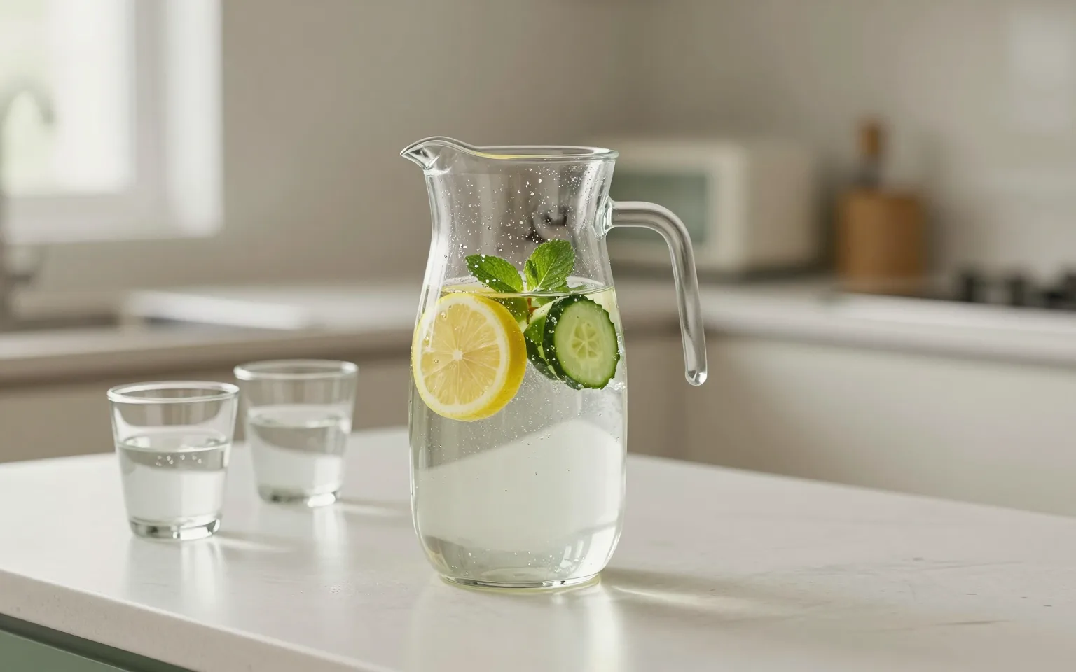 Limon, salatalık ve nane dilimleri bulunan cam sürahide su ve iki bardak