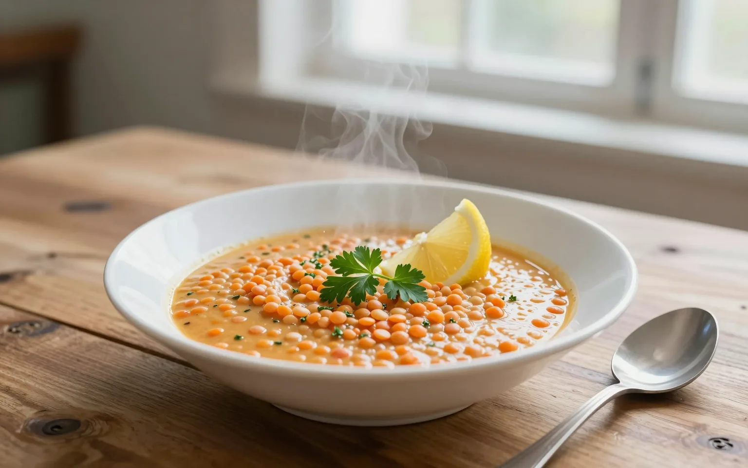 Maydanoz ve limon dilimiyle servis edilen kremamsı turuncu kırmızı mercimek çorbası